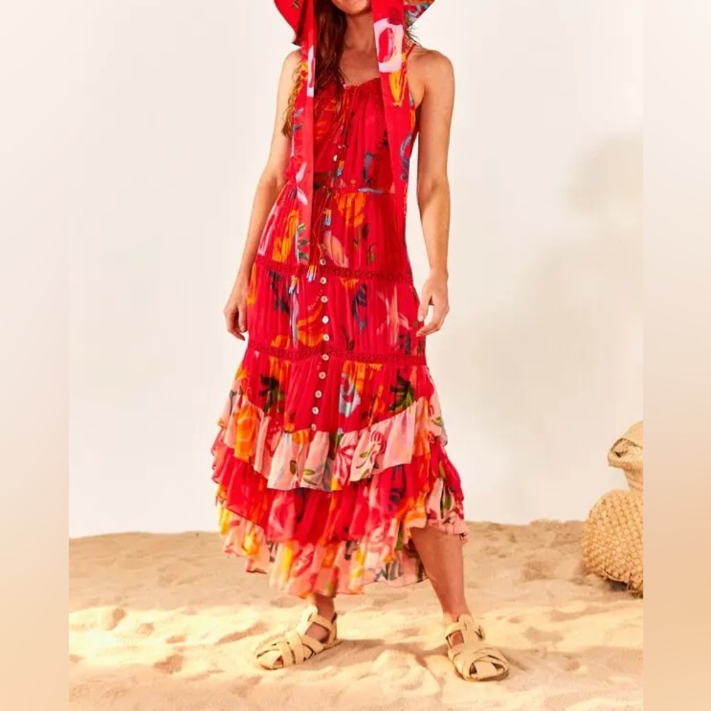 FARM Rio Red Multi-Color Tiered Midi Dress - Picture 5 of 12